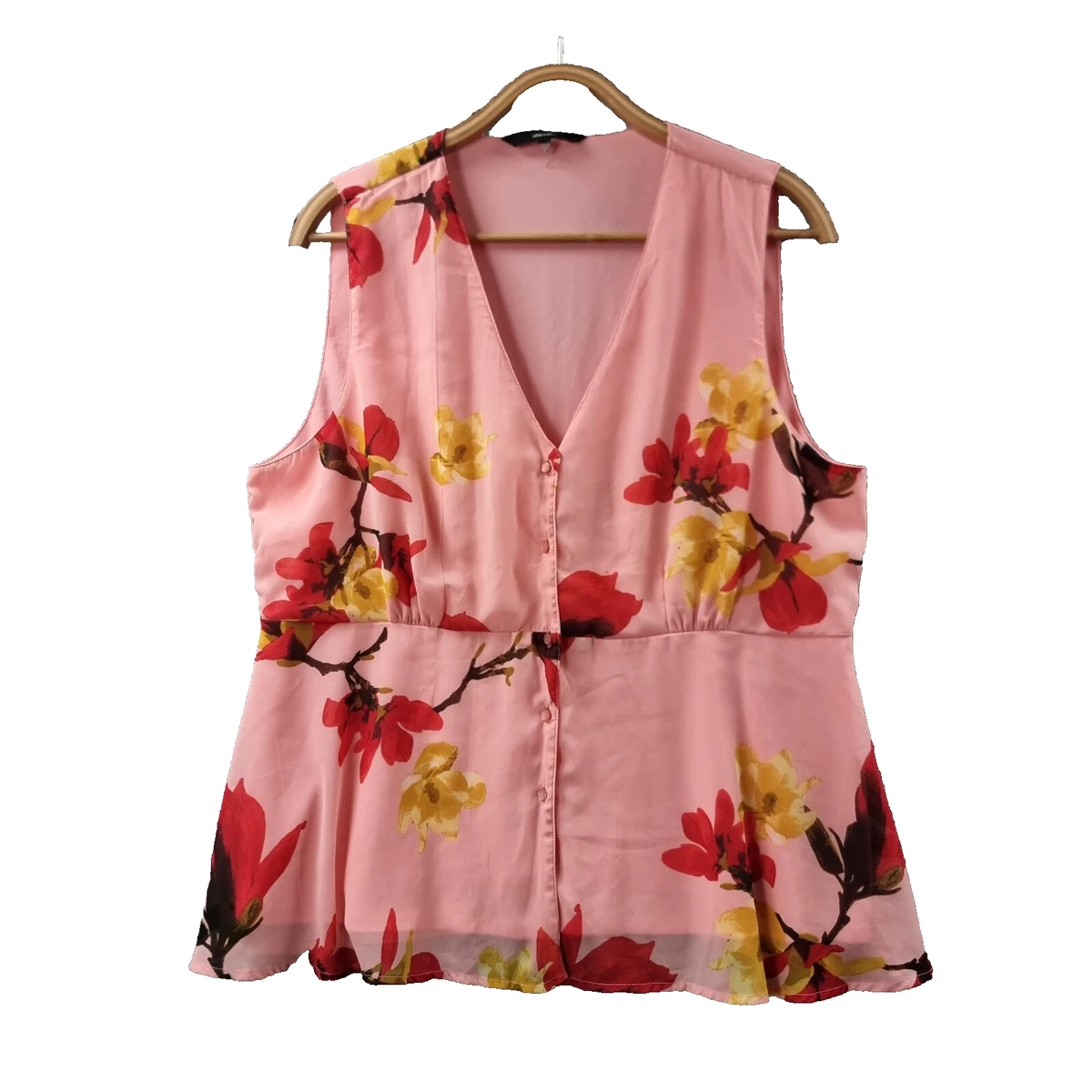 Vero Moda Top Womens Blouse Size 16 Pink Red Yellow Floral Sleeveless V-Neck