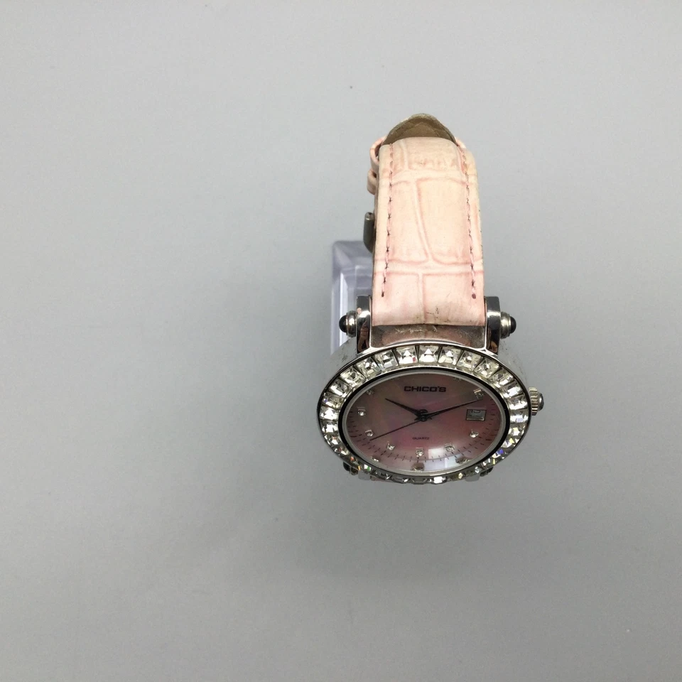 Chico's Watch Women 37mm Silver Tone MOP Pink Dial Date Leather Band New Battery - Image 3 of 4