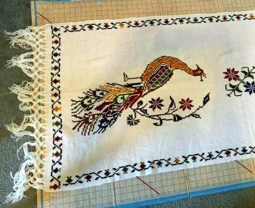 Table Runner with Hand-done Colorful Peacock Design with Tassels Decor - Picture 2 of 8