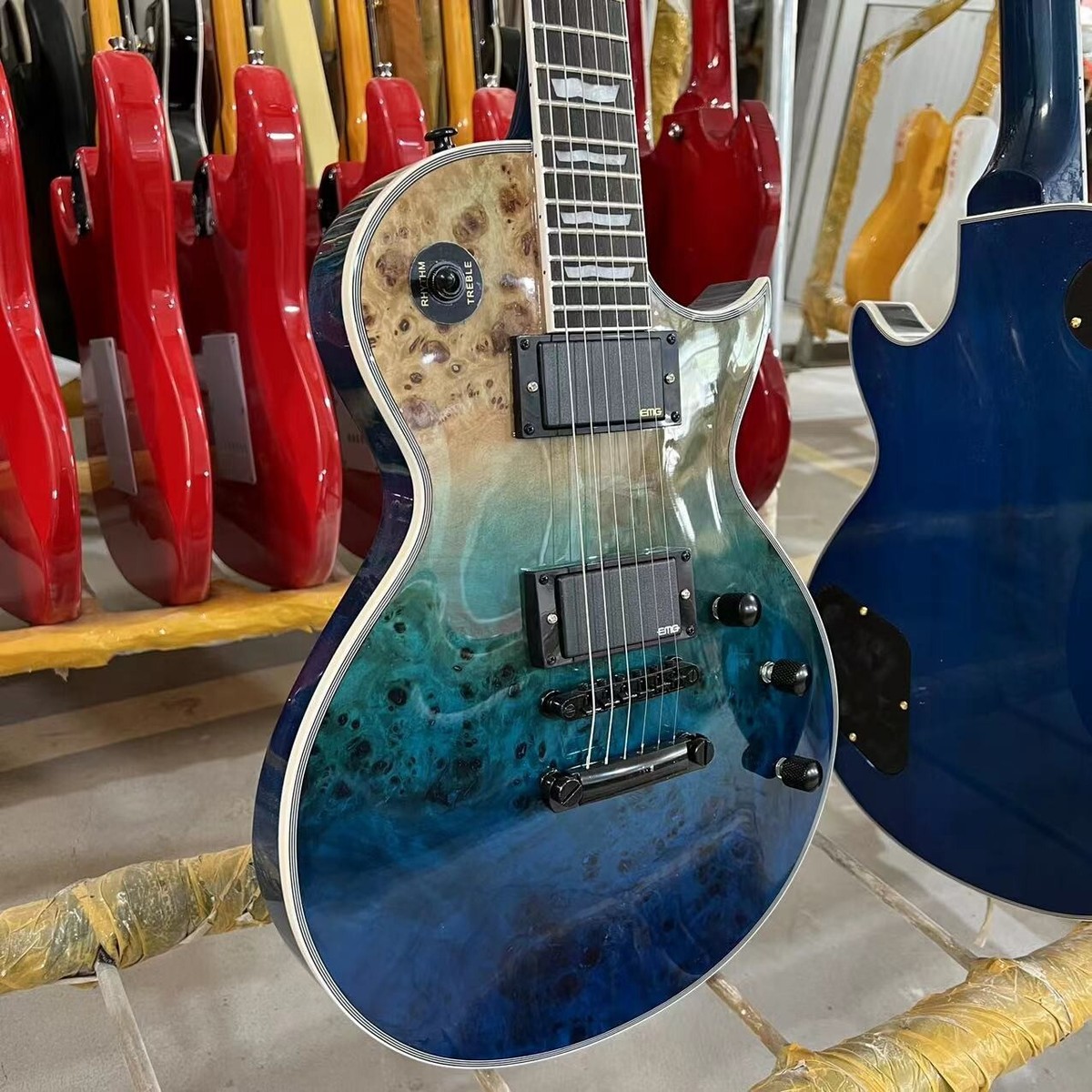 Electric Guitar Burl Maple Top Ocean Blue Burst Mahogany