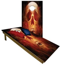 CORNHOLE BEANBAG TOSS GAME w Bags Game Board Skull Flame Fire Black Set