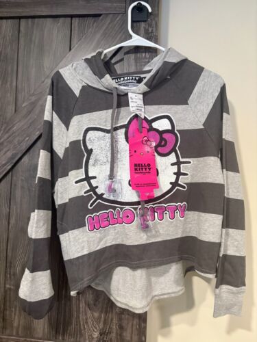 Hello Kitty Hoodiebuddie W/ Ear Buds Womens Lg Hoodie Grey Pink Stripes NWT