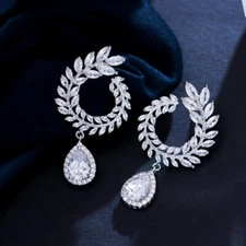 Super Olive Branch Dangle Drop Cubic Zirconia Crystal Earrings Costume Jewellery