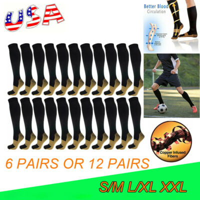 6/12Pairs Copper Compression Socks 20-30mmHg Graduated Support Men's Women's XXL