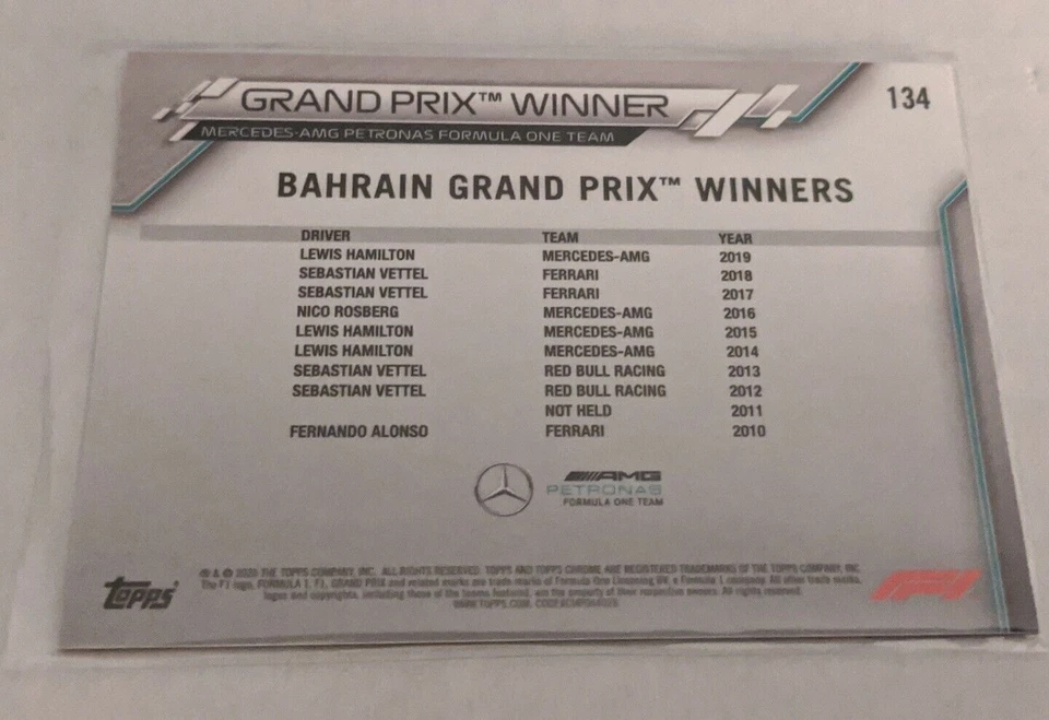 2020 Topps Chrome Formula 1 #134 Lewis Hamilton Mercedes F1 GP Winner - Image 2 of 2