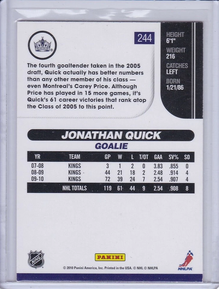 Jonathan Quick 2010 Score Hockey Card 244 - Image 2 of 2