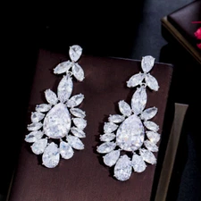 Dazzling White CZ Long Drop Earrings Silver Plated Amerian Crystal Jewelry Gift
