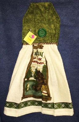 NEW Handmade North Woods Lodge Fishing Hunting Hanging Kitchen Hand Towel #1992