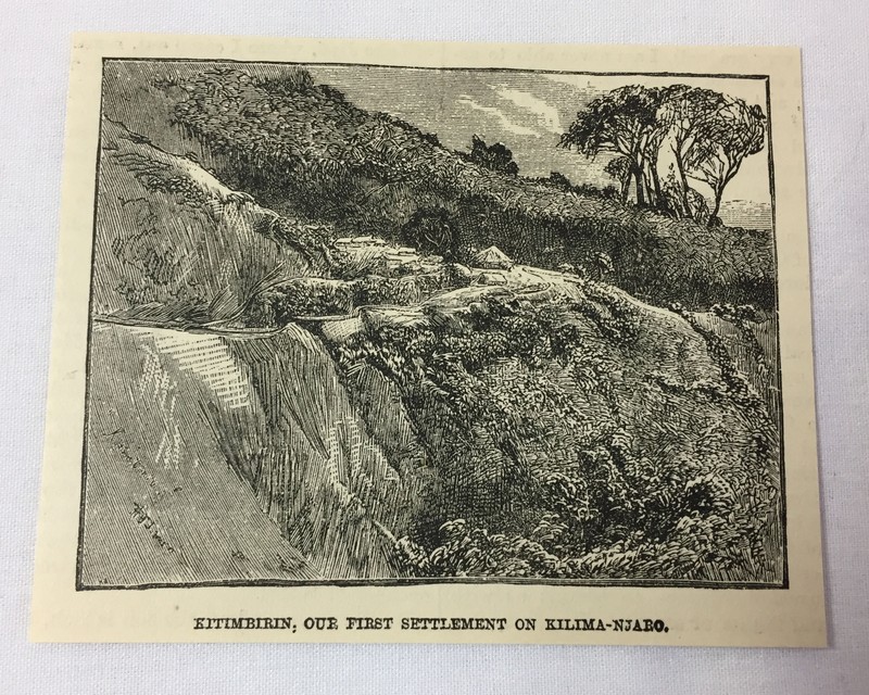 1885 magazine engraving ~ KITIMBIRIN Our First Settlement On Kilimanjaro, Kenya