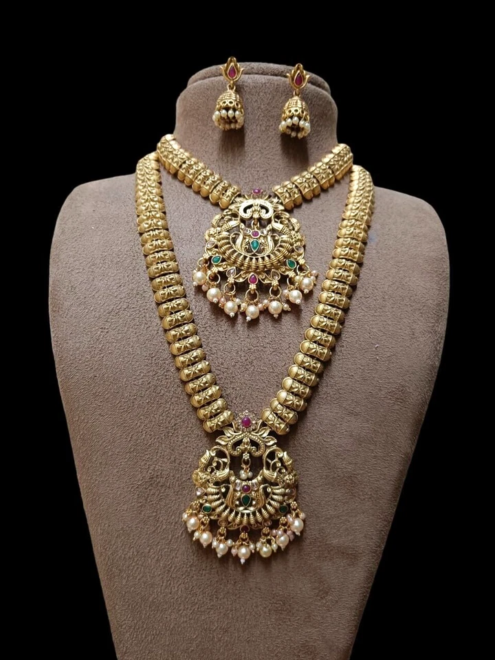 Indische Bollywood Braut Goldbeschichteter Hochzeitstempel Schmuck Halskettenset