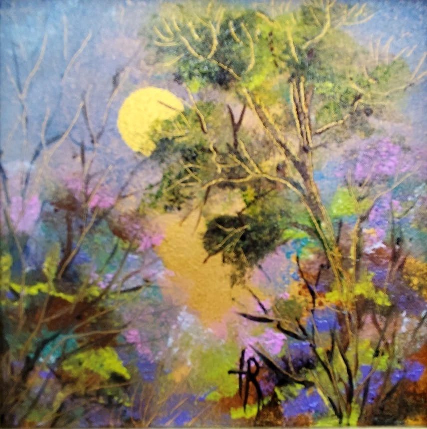 Pintura al óleo original Bosque Mágico Dorado Pintura abstracta 4x4 pulgadas enmarcada Foto 2 de 4