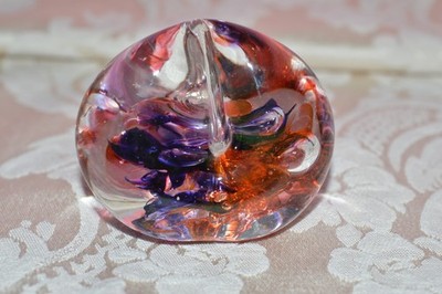 Art Glass Paperweight Purple / Red  Unusual Fortune cookie Shape 2 1/2 x 2