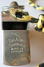 VINTAGE ACME "THUNDERER" NICKEL PLATED WHISTLE ON LANYARD, MADE IN ENGLAND