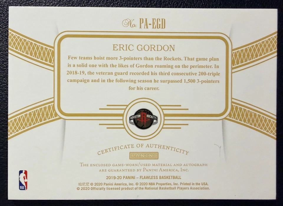 ERIC GORDON 2019-20 Panini Flawless Game-Used Patch Autograph Gold 08/10 - Image 2 of 2