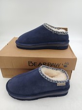 Bearpaw Lucille Slippers Womens Blue Suede Mule Faux Fur Cozy House Size 7