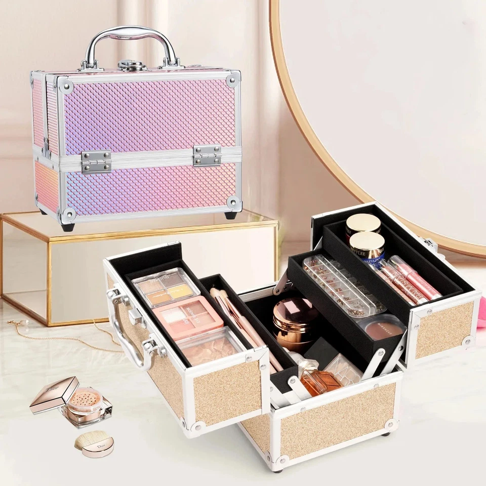 Portable Makeup Box with Lock, 4 Trays Cosmetic Jewelry Storage Case - Image 2 of 4
