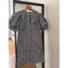 LOFT Black White Geometric Print Puff Sleeve V Neck Midi Dress Size M