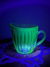 Vintage 1930s Green Depression Ribbed Uranium Glass Flower Base Small Pitcher