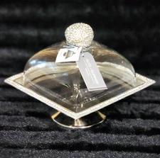 Silver Crystal Rhinestone Glass Pastry Cheese Dome 7.5" Cloche Square FABULOUS