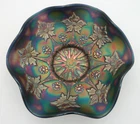 Vintage Fenton Carnival Glass BLUE amethyst Little Flowers Ruffle Bowl 10"