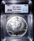 1987 American Silver Eagle ICG MS70 Austin Hutto Signed Ounce Silver Dollar ASE