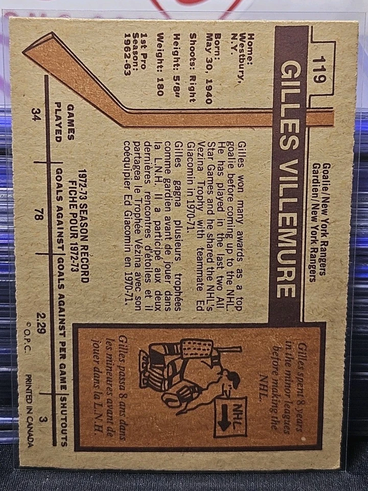 73-74 O-Pee-Chee Gilles Villemure 🚨🚨🚨 New York Rangers  - Image 2 of 2