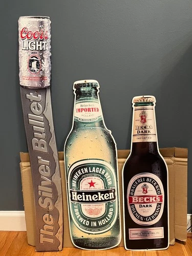 Vintage Tin Bar Signs, Becks Dark Beer, Heineken, & Coors Light Silver Bullet