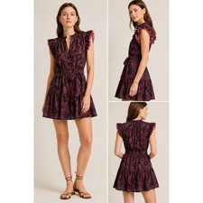 Ulla Johnson Mini Dress 6 Burgundy Floral Honoria Ruffle Tiered Cotton Belted