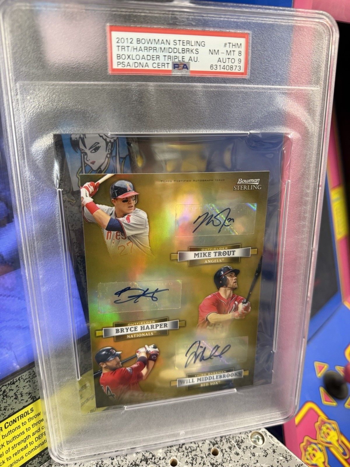 2012 Bowman Sterling Mike Trout Bryce Harper Boxloader Triple Auto Rookie RC PSA view 13