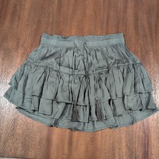 Aerie Olive Green Ruffle Mini Skirt Women Elastic Waist Tiered Boho Tassel Sz M