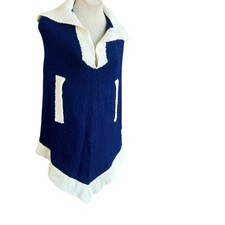 Vintage 70s Handmade Knit Blue and Cream Collared Poncho Cape