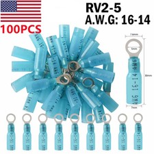 100pcs Insulated 16-14 AWG Wire Connectors Blue Heat Shrink Ring Terminals 10