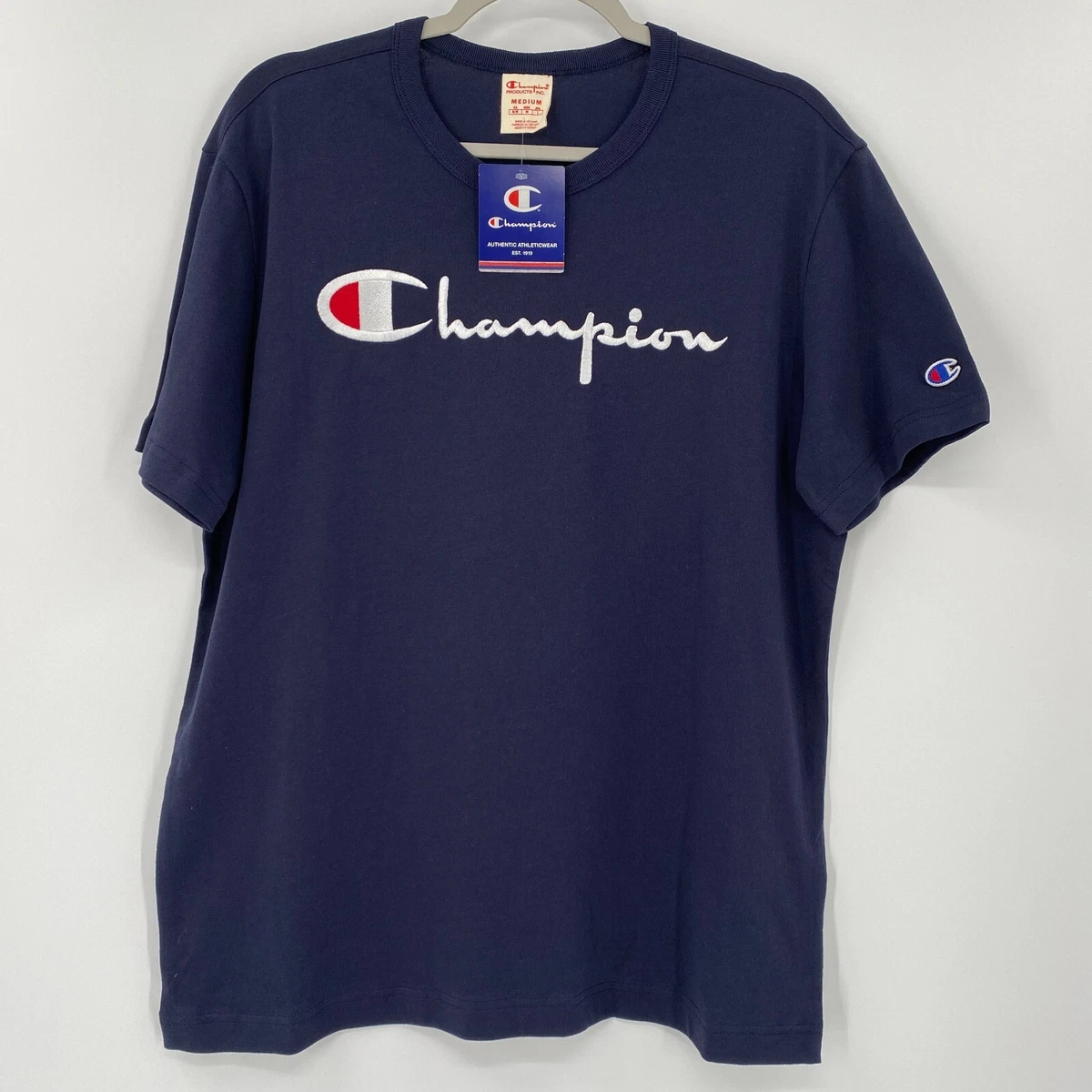Champion Men s Big Script Crew Neck T Shirt Reverse Weave in Navy Blue sz M Tee