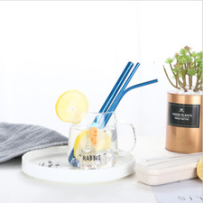 4pc Stainless Steel Metal Blue Drinking Straw Set, inc Extra Wide, Brush & Pouch