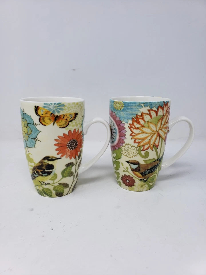 Juego de 2 tazas Duvalley 5" pájaros mariposa porcelana taza latte ciprés azul floral Foto 2 de 4