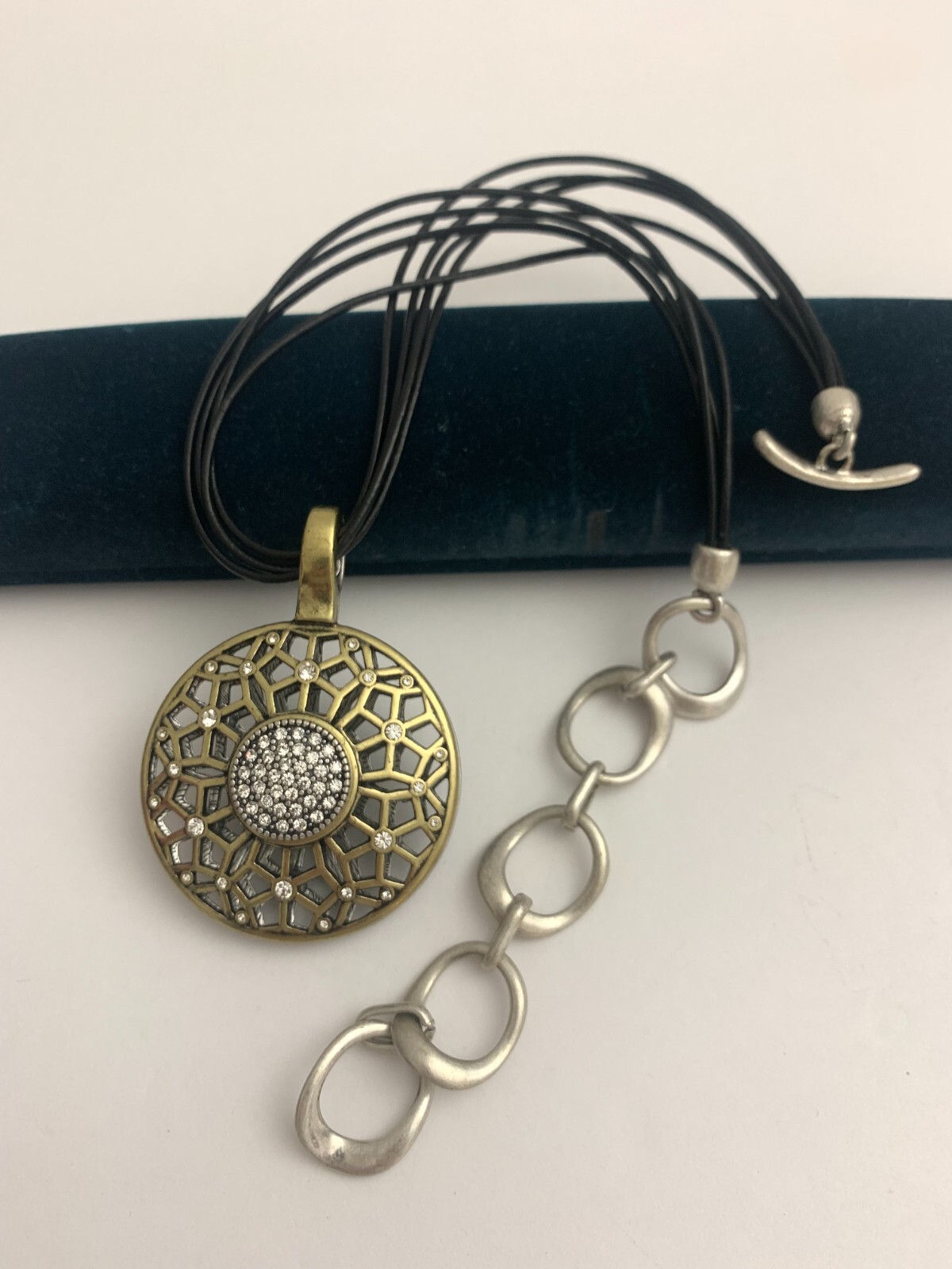 Black Leather Multi-String Silver Pendant Necklac… - image 8