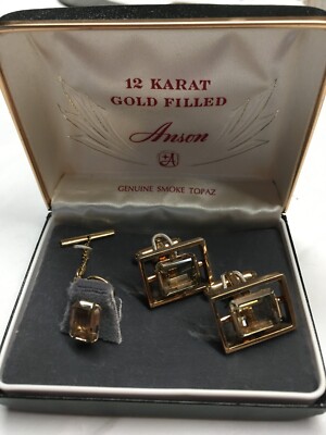 Vintage 3pc Anson 12K Gold Filled Smoke Topaz Cufflinks Tie Tack Set w  Box