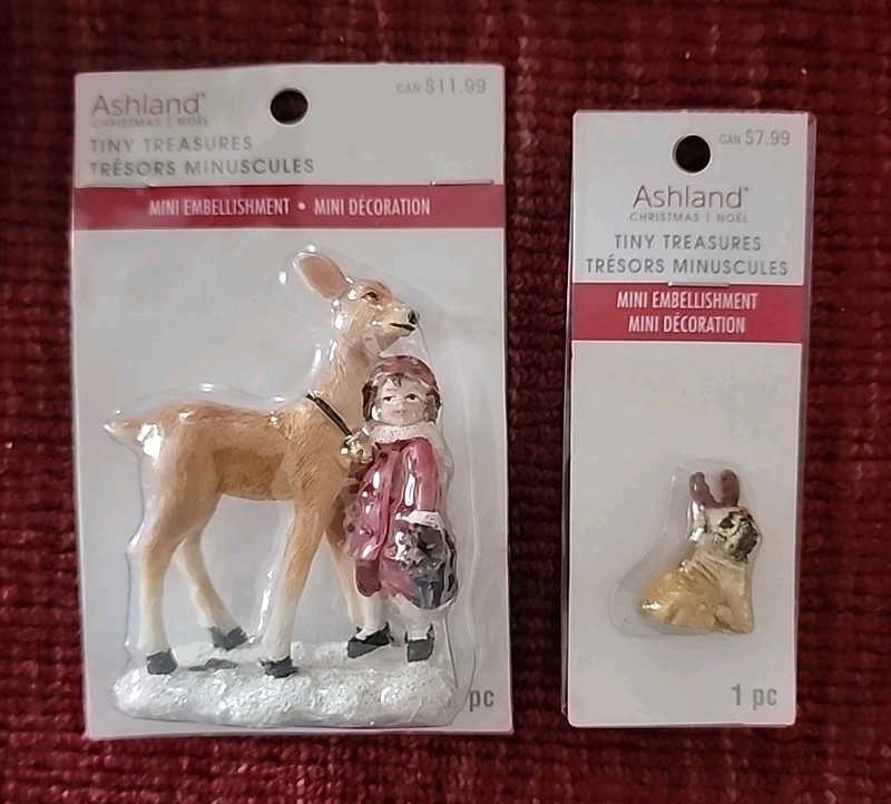 Set of 2 Ashland Tiny Christmas Treasures Deer w Boy & Puppy w Red Antlers NIP