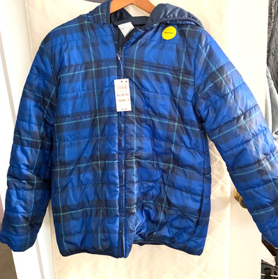 Epic Threads Boys Blue Plaid Reversable  Puffer Jacket Zip Size XL 18/20. NWT