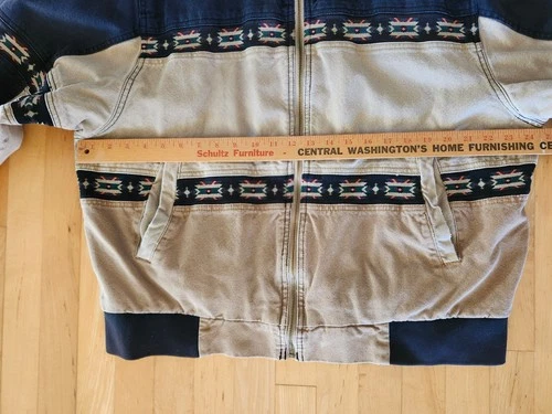 Vtg 90s Canyon Guide Outfitters Canvas Aztec Bomber Jkt L Tan & Blue image 7