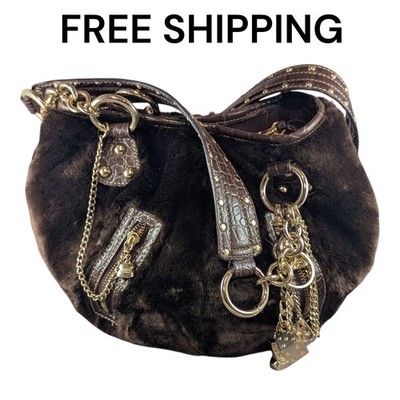Kathy Van Zeeland Brown Faux Fur Purse Pocketbook Shabby Chic Charms Lucky Dice
