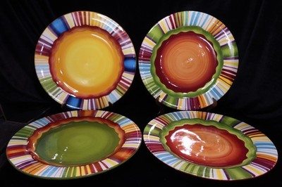 NOBLE EXCELLENCE MUY CALIENTE MULTICOLORED STRIPS BORDER 4 DINNER PLATES 11 7/8''