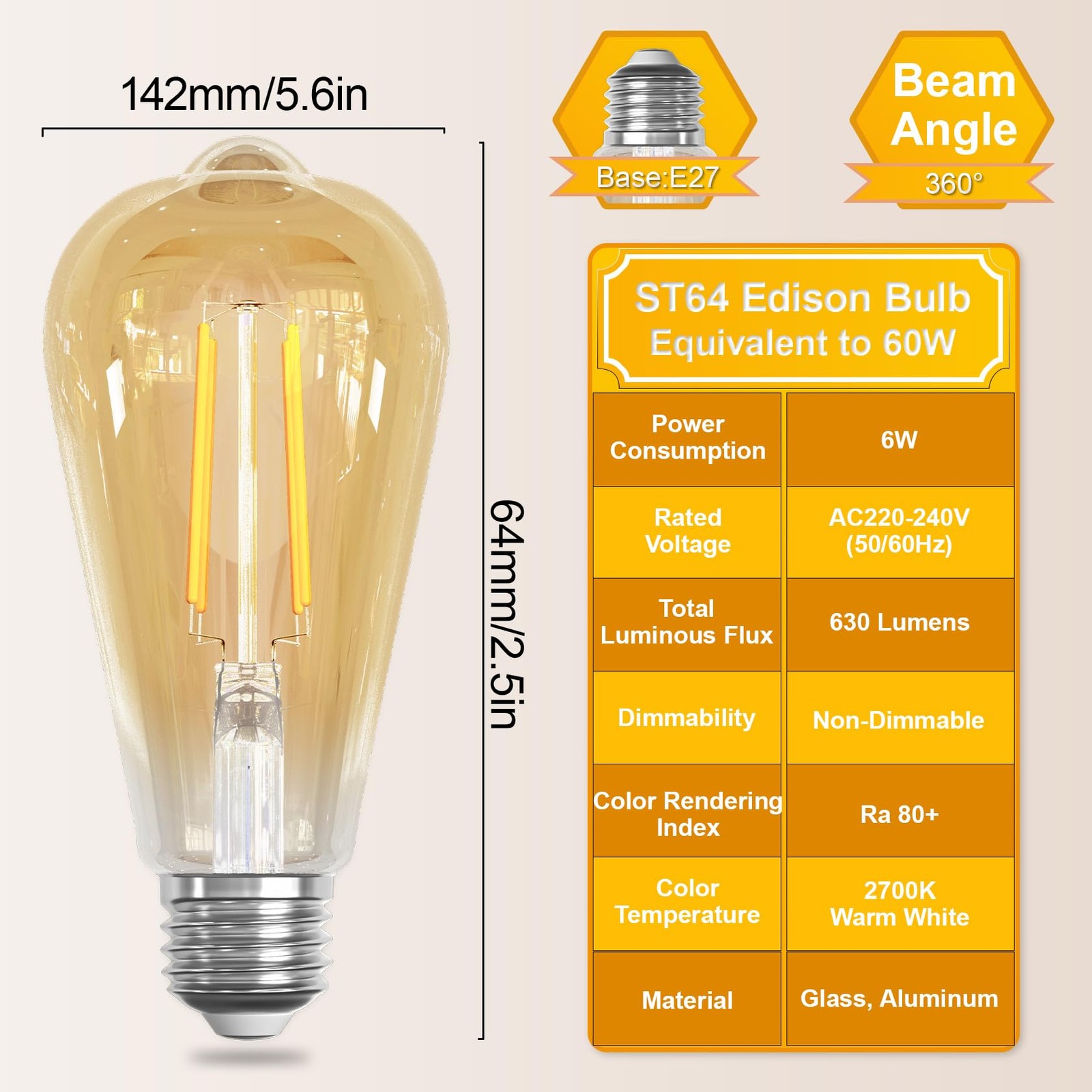 Ampoule LED E27 6W ST64 rétro basse consommation éclairage ambré durable - 2
