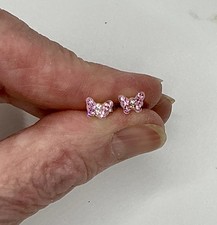 Sterling Silver Pink Butterfly Girls Stud Earrings Sparkly Very Tiny 4x5mm