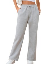 Womens Fleece Lined Sweatpants Wide Leg Gray Fall Lounging Straight Sweat Pan...