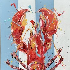 Lobster on blue strip  Original Acrylic Art Painting On 40x40cm Canvas wall art