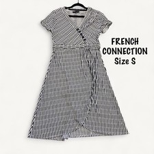 French Connection White/Navy Striped Wrap Midi Dress V-Neck Button Size S