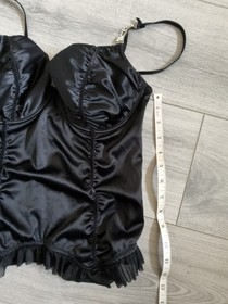 Ann Summers Black Satin & Diamonte Ruched & Frilled Corset Top Size 36C