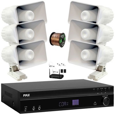 Pyle MP3 Bluetooth Receiver, 6x 6'' 50W Outdoor PA Horn Speakers W/ Wireless Mic