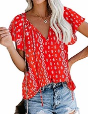  Women's Boho Tops Floral V Neck Short Sleeve Summer Blouse Shirts Large Red